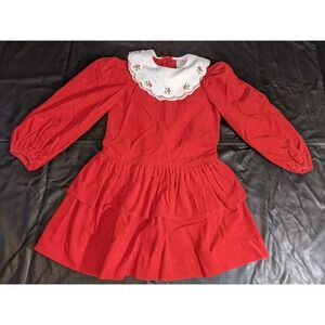 Vintage Ruth Of Carolina Dress Red Corduroy Size 5  White Floral Collar Ruffle